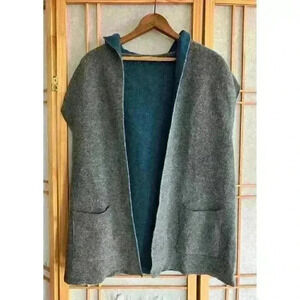 Chiaramente Open Front Hooded Gray/Blue Hooded Cardigan Vest Italian Sz Small